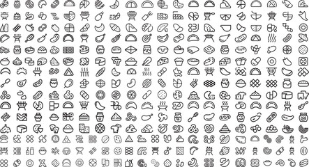 Large collection of various food and drink icons in black and white line art on white background