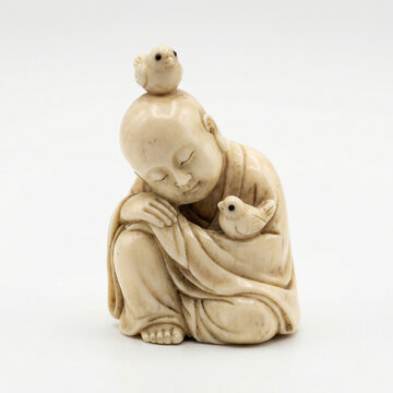 Antique ivory netsuke carving of a sleeping young monk with two small birds on head and hand. Traditional japanese art figurine isolated on white.
