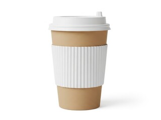 Disposable coffee cup with a white sleeve and lid on white background