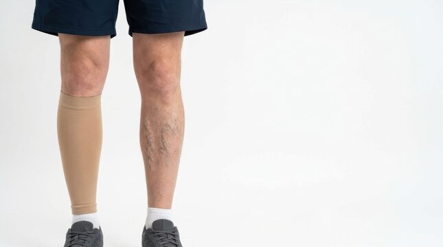 Adult's legs against a white background one leg wears a beige compression sock the other clearly shows varicose veins