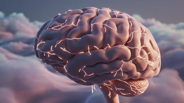Healthy human brain cross section glowing neural network in soft sunset clouds