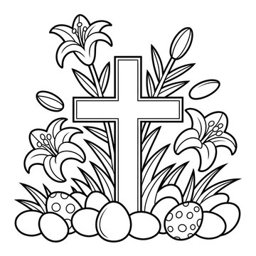 Line Art Graphic Design Illustrating Decorative Cross with Easter Eggs, Spring Flowers, and Christian Faith for Religious Coloring Page and Traditional Holiday Artwork