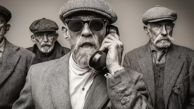 Monochrome collective of refined gentlemen in a vintage setting exhibiting a powerful group with a sense of history