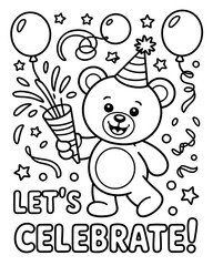 Fototapeta premium Happy Bear Birthday Coloring Page: Children's Art and Fun Activities for a Festive Family Celebration with Balloons and Decorations