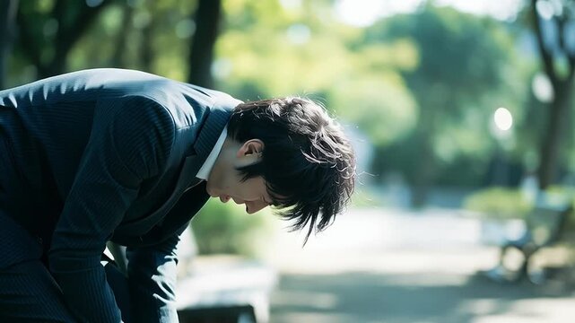 公園のベンチで頭を抱える日本人男性