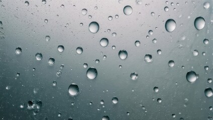Close-up of water droplets on a smooth, cool-toned, reflective surface