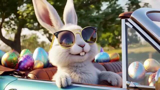 White Easter bunny wearing sunglasses driving light blue convertible car filled with colorful egg, visualizing festive spring holiday celebration, joyful road trip, and travel concept.