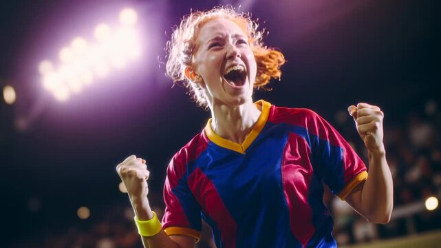 Excited redhead female soccer player screaming in celebration at a night game. This intense sports victory scene shows a winning athlete expressing extreme emotion under bright stadium lights.