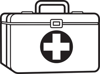 Obraz premium Medical first aid kit icon. Black and white emergency healthcare bag with cross outline isolated. Hospital clinic doctor and pharmacy treatment design element