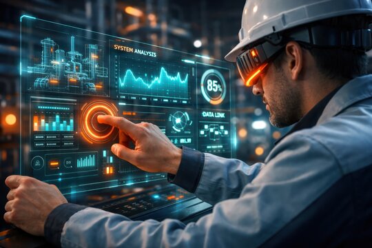 Cybernetic Precision in the Factory: A worker, immersed in the digital realm, interacts with a holographic interface.