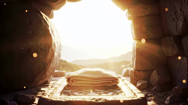 Stone rolling across empty rock tomb entrance with folded linen cloth, visualizing Jesus Christ resurrection miracle, Easter holiday celebration, and Christian faith salvation concept.