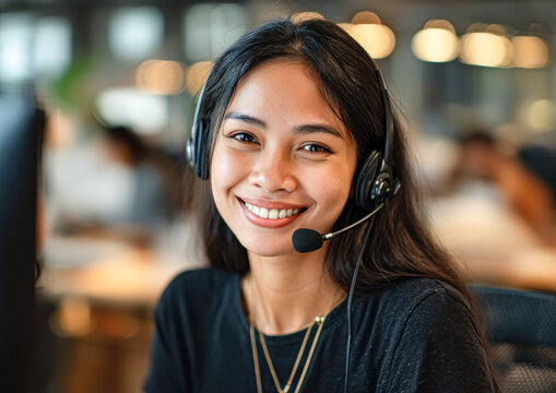 A smiling woman wearing a headset, working in a modern office environment with blurred background and warm lighting.