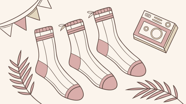 Handdrawn illustration of three pairs of socks with decorative elements.