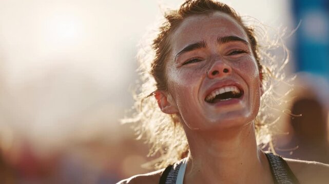 Close up of a happy sweating female athlete smiling brightly in sunlight. This sports exhaustion and success scene shows a runner expressing joy and relief after a hard workout