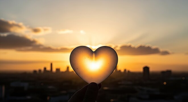 Heart shape silhouetted against sunset sky above city skyline