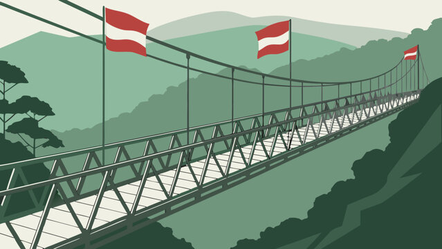 Suspension Bridge with Austrian Flags Spanning a Mountain Valley.
