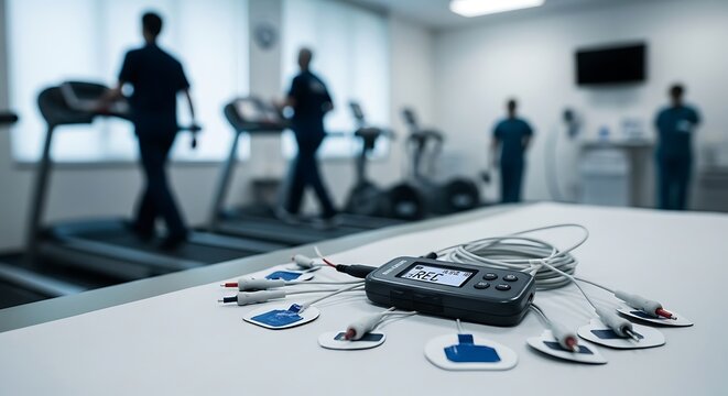 Electrodes and TENS unit on table in fitness center