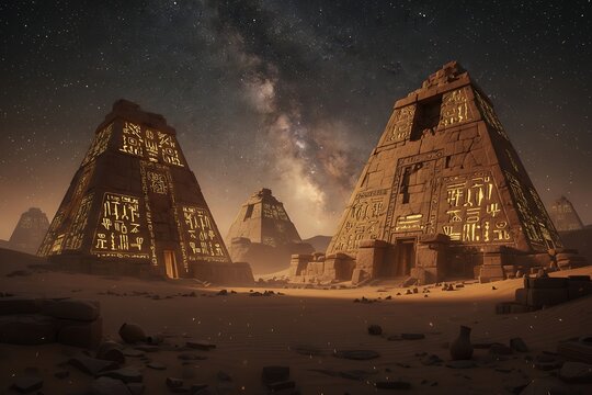 Ancient pyramids illuminated under a starry night sky in a vast desert landscape