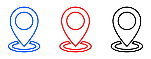 Outline Pin Point Location and GPS Symbol icon set in blue, red, and black for navigation, mapping, and digital interface design.