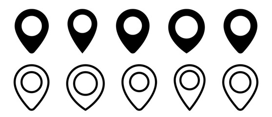 Black Pin Point Location and GPS Symbol icon set with solid and outline styles for navigation and mapping on transparent background.