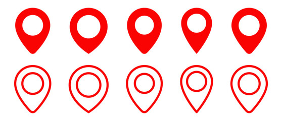 Red Pin Point Location and GPS Symbol icon collection with solid and outline styles for navigation, mapping, and digital interface use.