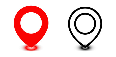 Red and black Pin Point Location and GPS Symbol icons with shadow effect for navigation and mapping on transparent background.