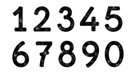 distressed grunge numbers 0-9 displayed on a white background perfect for industrial design education or graphic resource projects.