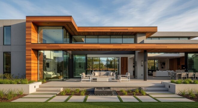 Modern luxury home exterior with patio and large windows under a blue sky