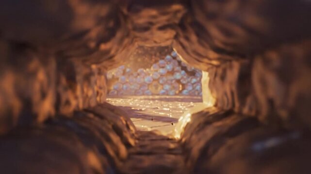 Hexagonal rock formations glowing under golden iridescent light in a sunlit cavern