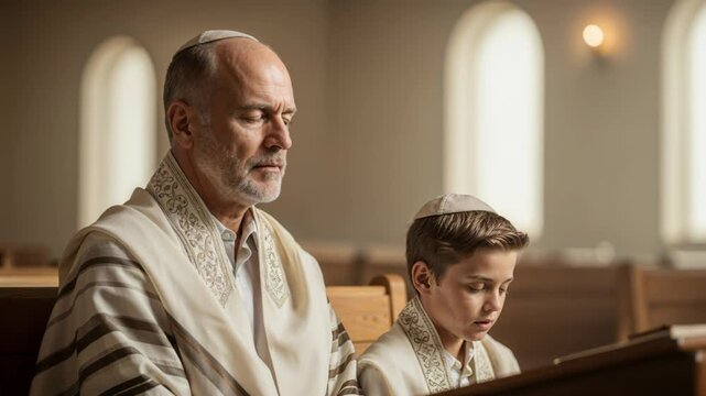 Prayer moment between grandfather and grandson in synagogue, both wearing traditional Jewish prayer shawls. Emotional connection shown during spiritual practice,