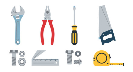 Fototapeta premium Flat Design Construction and Repair Tools Set. Handyman, DIY, and Workshop Equipment Icons Isolated on White