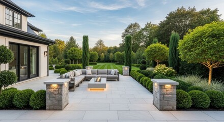 Modern outdoor living space with furniture and landscaped garden setting