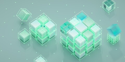Computer data center, database, data transfer. Online banking. Money, financial, computer protection concept. Blockchain, DeFi, Information security, cyber security. 3D render  © Krot_Studio