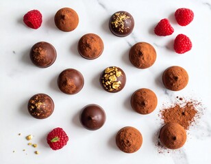 Obraz premium Assorted Chocolate Truffles with Raspberries and Cocoa.