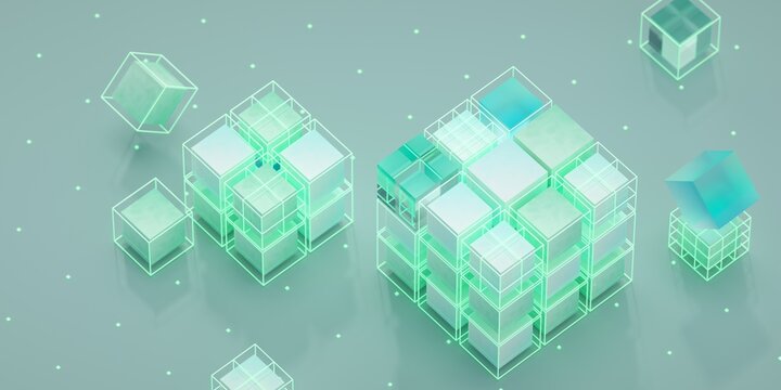 Computer data center, database, data transfer. Online banking. Money, financial, computer protection concept. Blockchain, DeFi, Information security, cyber security. 3D render	