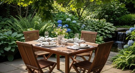Fototapeta premium Outdoor dining set in lush garden setting with waterfall and flowers
