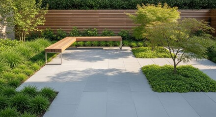 Fototapeta premium Modern outdoor space with wooden bench landscaping and sunlight