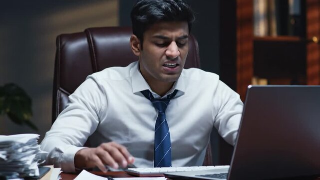 Stressed Businessman Overwhelmed by Work at His Desk.