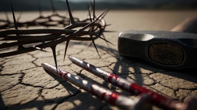 Tracking shot close dolly of crown of thorns and bloodied nails beside hammer resting on cracked dry earth plain