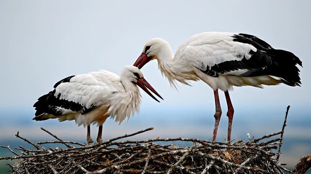 White storks interacting in their nest with sticks and branches