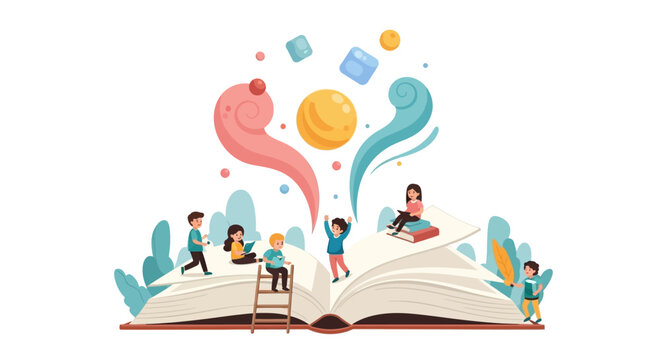 Children celebrate Dr. Seuss Day by reading colorful books in a joyful illustration with a cartoon style and happy mood