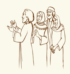 Vector drawing. Ancient family listen a father