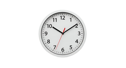 White Wall Clock Showing Ten O Clock with Red Second Hand and Minute Hand on Black Background