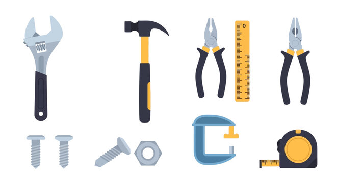 Hand Tools Collection for DIY & Repair: Wrench, Hammer, Pliers, Screws, Tape Measure & More - Flat Vector Illustration for Home Improvement
