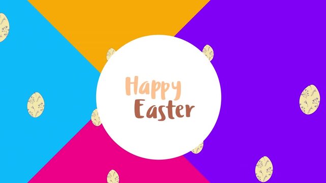 Animation of happy easter text over egg icons and colorful shapes