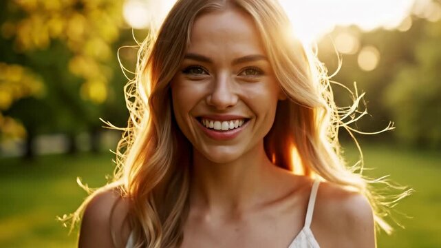 Beautiful woman smiling in the sunlight of a park.