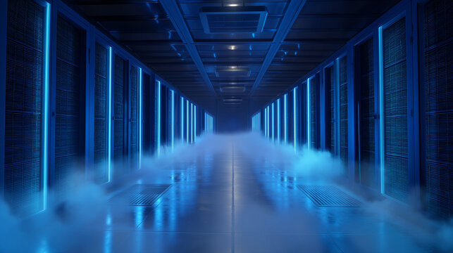 Quantum Data Center Interior with Server Racks in Long Corridor