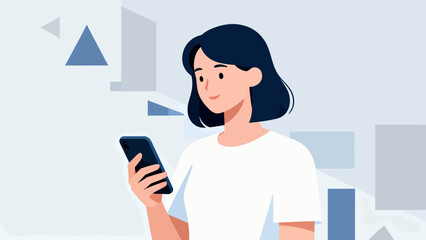 A woman is holding a cell phone and smiling. Concept of happiness and contentment