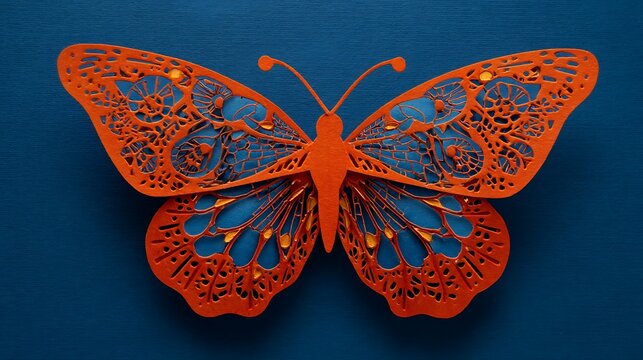 Intricate Orange Butterfly with Lace Wings on Dark Blue Background, High-Resolution Decorative Art Photography