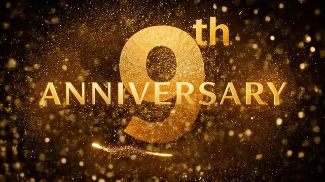 Luxury 9th Anniversary Celebration Background with Golden Glitter Sparkles Elegant Black Banner for Corporate Event Promotion Party Invitation and Milestone Celebration Design
